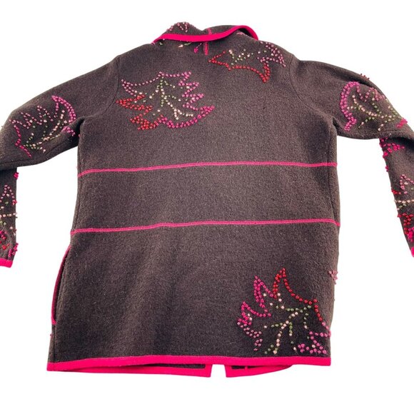 Susan Bristol Womens Large Hand Embroidered Wool Blend Brown Cardigan With Pink - Picture 5 of 6